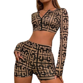 Allover Print Zipper Crop Top & Biker Short Set