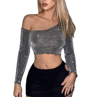 Asymmetrical Neck Lettuce Trim Crop Club Glitter Top