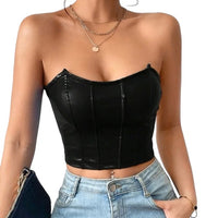 Black Privé Solid PU Leather Crop Tube Top