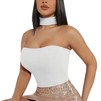 White Solid Ribbed Knit Crop Halter Top