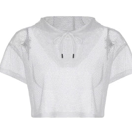 Women Hollow Net Mesh Hooded T-Shirt