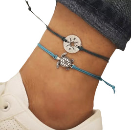 Women Minimalist Turtle & Compass Anklet Set