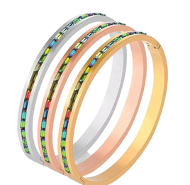 Women Colorful Crystal Row Bangle Stainless Bracelet