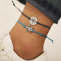 Women Minimalist Turtle & Compass Anklet Set