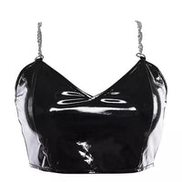 Women V-Neck PU Leather Metal Chain Strap Crop Top