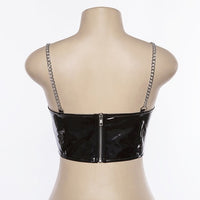 Women V-Neck PU Leather Metal Chain Strap Crop Top