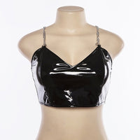 Women V-Neck PU Leather Metal Chain Strap Crop Top