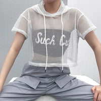 Women Hollow Net Mesh Hooded T-Shirt