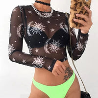 Women Mesh Long Sleeve See Through Top