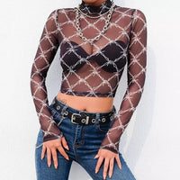 Women Mesh Tee Shirt Femme Long Sleeve Top