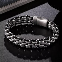 Men Stainless Steel Chain Charm Leather Bracelet