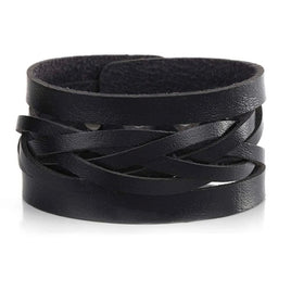 Men Black Leather Wide Bracelet