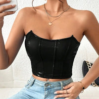 Black Privé Solid PU Leather Crop Tube Top