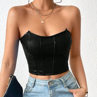 Black Privé Solid PU Leather Crop Tube Top