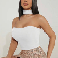 White Solid Ribbed Knit Crop Halter Top