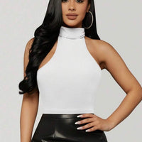 White Solid Ribbed Knit Crop Halter Top