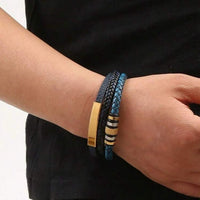 Men Stainless Steel Three-Layer Braided Leather Cord Punk Bracelet