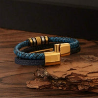 Men Stainless Steel Three-Layer Braided Leather Cord Punk Bracelet