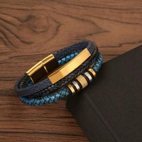 Men Stainless Steel Three-Layer Braided Leather Cord Punk Bracelet