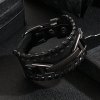 Men Black Retro Wide Leather Belt Buckle Bracelet