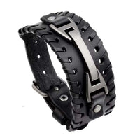 Men Black Retro Wide Leather Belt Buckle Bracelet