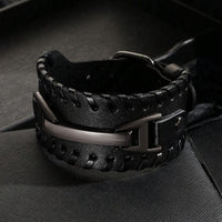 Men Black Retro Wide Leather Belt Buckle Bracelet