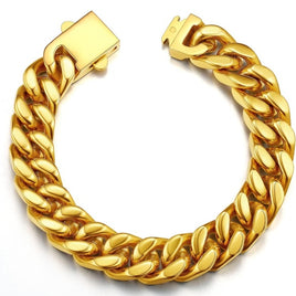 Women Gold 13mm Wide Stainless Steel Miami Curb Chain Bracelet