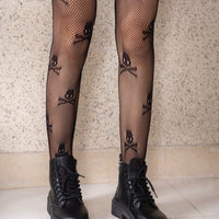 Women Black Skull Pattern Hollow Tight Fishnet Stocking