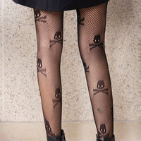 Women Black Skull Pattern Hollow Tight Fishnet Stocking