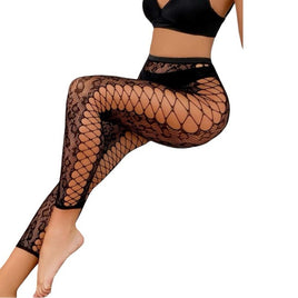 Women Leopard Lace Decor Open Crotch Punk Tight Stocking