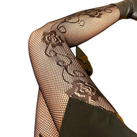 Women Black Side Rose Vine Fishnet & Mesh & Irregular Hollow Out Stocking