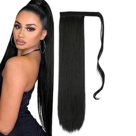 22 Inches Black Long Synthetic Wrapped Ponytail Extension